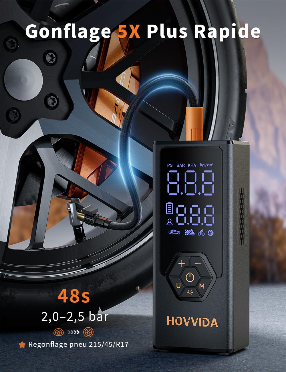HOVVIDA Przenośna pompka do opon, kompresor samochodowy, akumulator 7800 mAh, 12 V DC, 150 PSI, przepływ powietrza 40 l/min, szybkie pompowanie, przenośna pompka do minivanów | 12 V DC, 10,3 bar (150 PSI), 40 l/min, szybkie pompowanie, pompa do MPV, SUV,