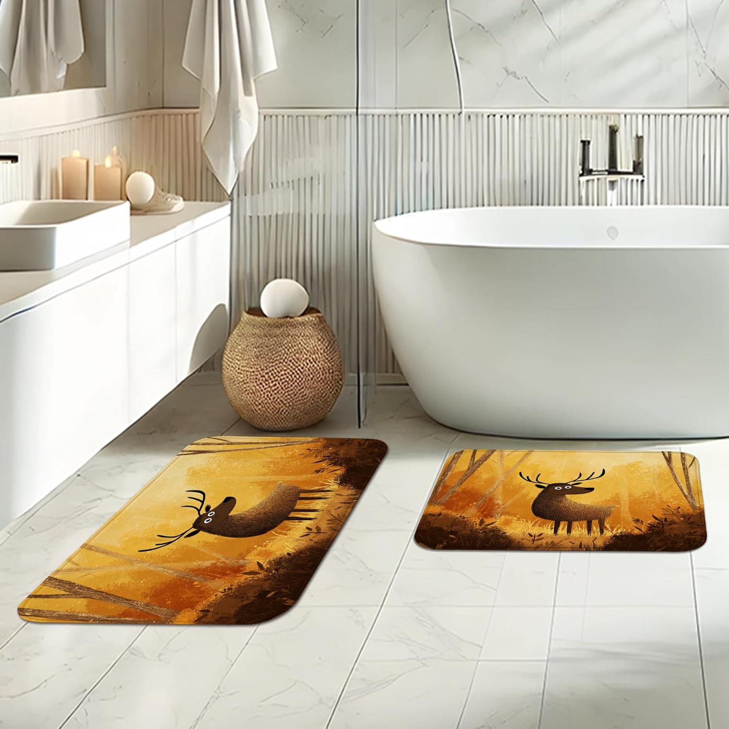 3PCS Fall Cartoon Elk Kid Bathroom Accessory Set with Two Non-Slip Washable Bath Rugs (16x24&20x32), Autumn Woodland Forest Deer Bathroom Mat Decorative-72''x72'''