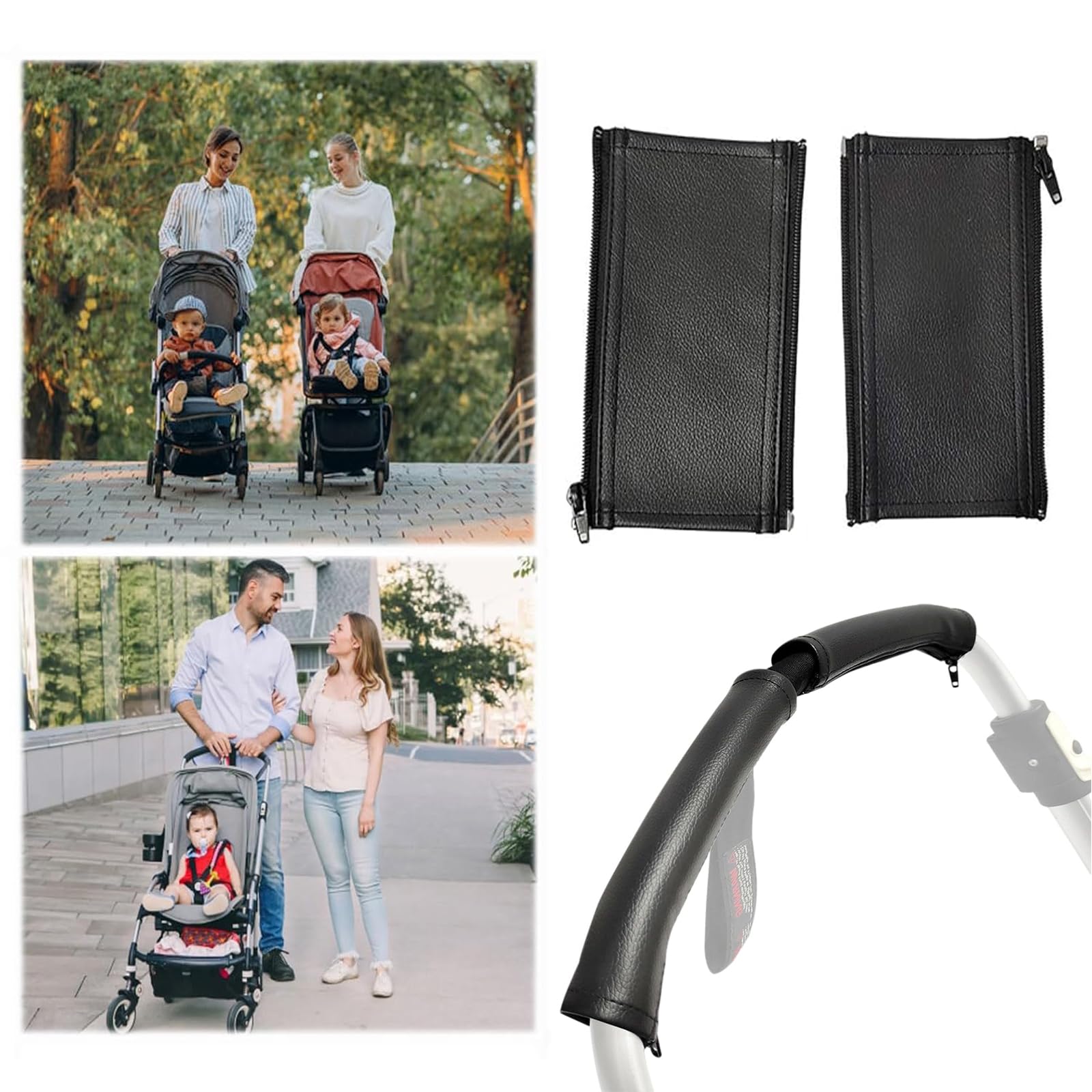 2 Stück Kinderwagen Griffbezug Baby Kinderwagen Griff Abdeckung Schwarz Universal Griff Staubdicht Pu Leder Buggy Zubehör Hand Schutz bequem und Universal Kinderwagen Schutzhüllen mit Reißverschluss