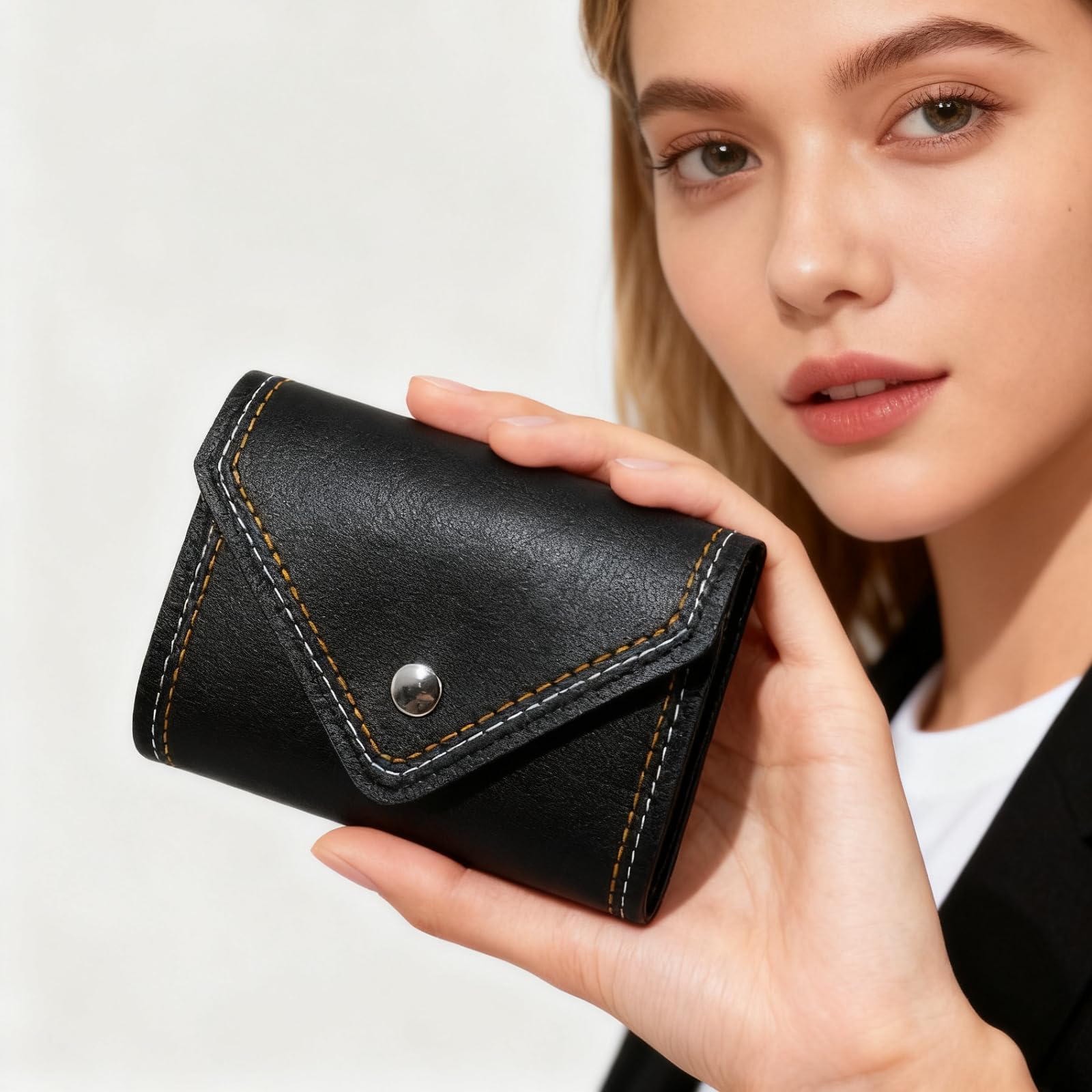 Accordion-style Women Card Wallet, Envelope Appearance Portable Credit Card Case with Snap, PU Card Holder Wallet with Multi Slots for Traveling, Working, Shopping, Black, 4.2 x 3.5 x 0.7 inches