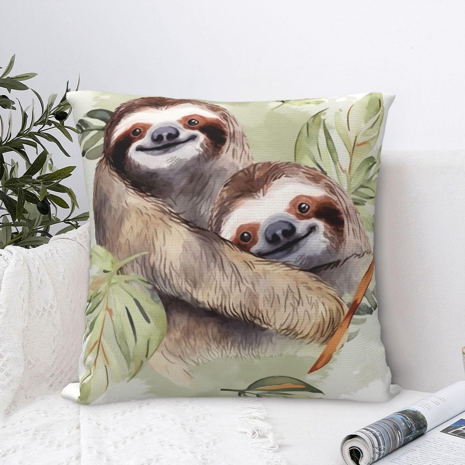FodPand Luxury Velvet Throw Pillow Covers 24"x24" Super Soft Decorative Pillow Cases - Watercolor Sloth Pillowcases Modern Lumbar Cushion Cases for Couch Sofa Bed Pillow Shams
