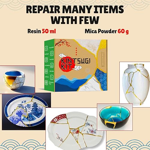 Miniatura 6 de Plearty Kintsugi - Kit de reparación de oro seguro para alimentos, 1.7 fl oz, resina epoxi de 2.12 oz, polvo de mica dorado metálico, 15 páginas