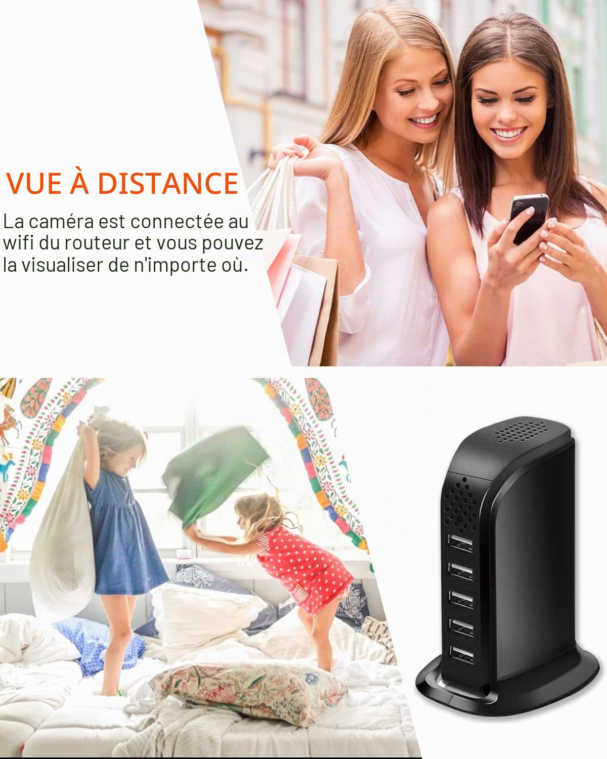 Caméra Espion cachée, HD 1080p WiFi avec Chargeur USB 5 Ports Prise sans Fil Mini caméra Espion pour Surveillance à Domicile avec détection de Mouvement Vue à Distance