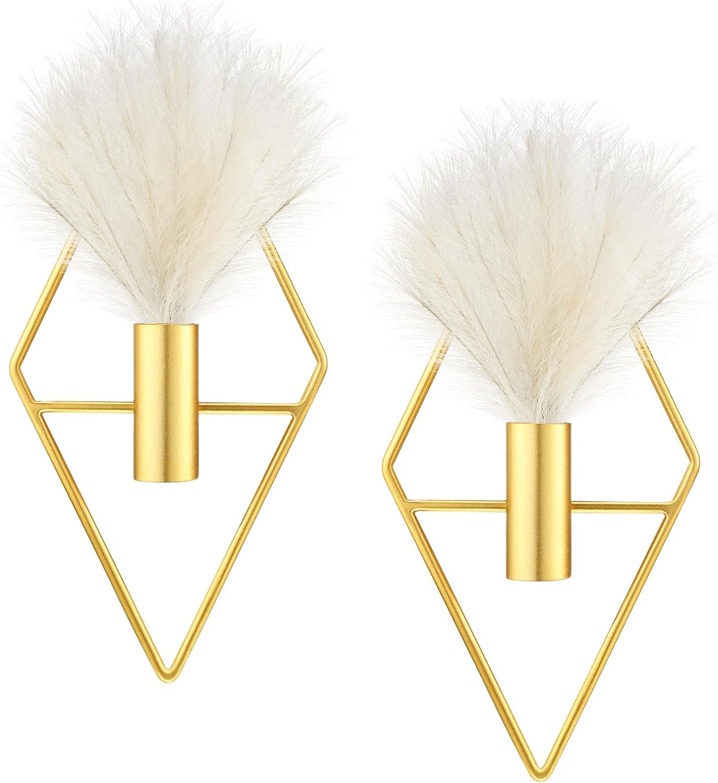 Peryiter 2 Pcs Boho Wall Decor Metal Gold Wall Art Hanging Planters with Artificial Pampas Modern Home Decor Display Art for Living Room Bedroom Bathroom(Rhombus)