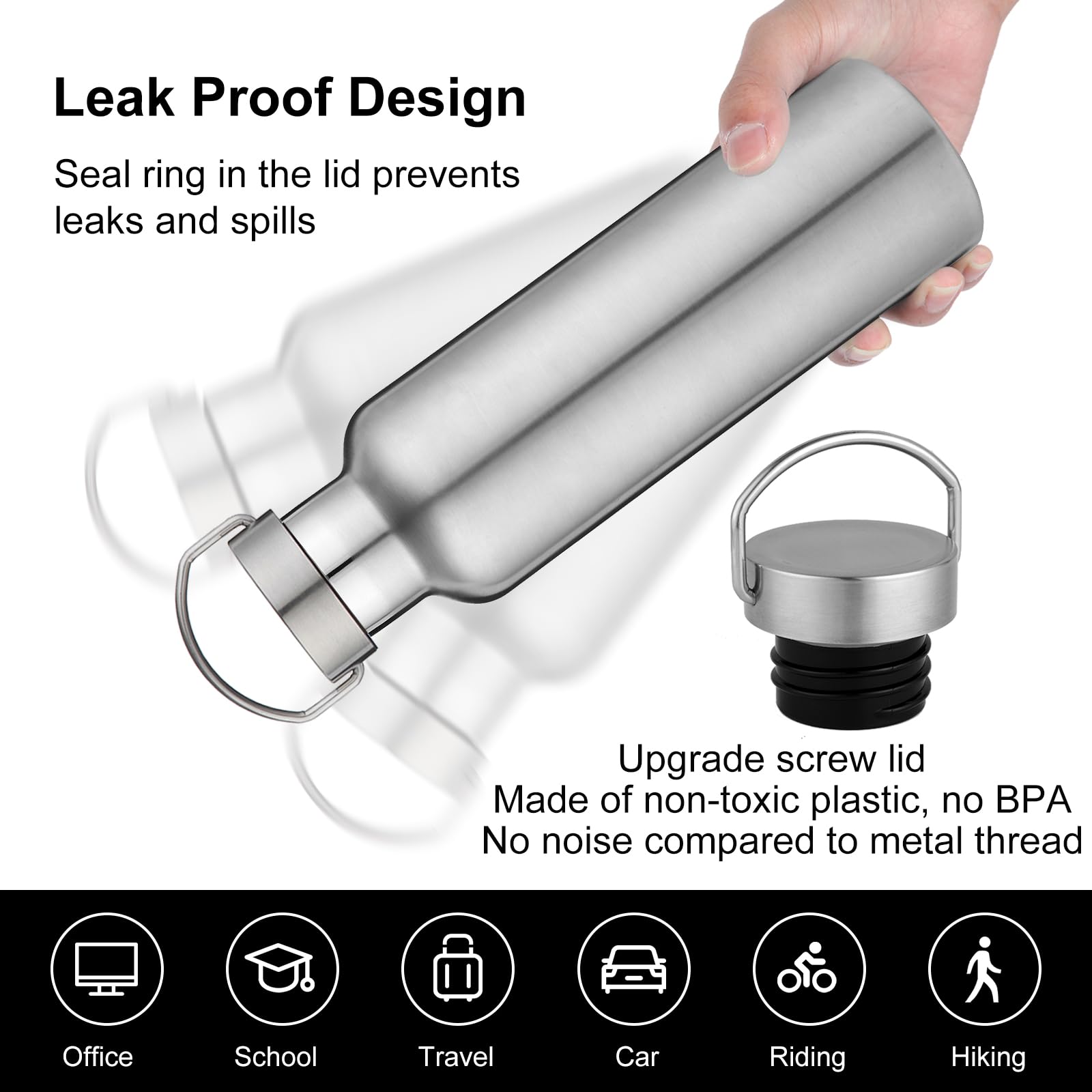 Volhoply Botella de agua aislada de boca ancha de 24 onzas, paquete de 2 botellas de agua de acero inoxidable 304 18/8 de doble pared aislada al vacío, termo de metal reutilizable para escuela