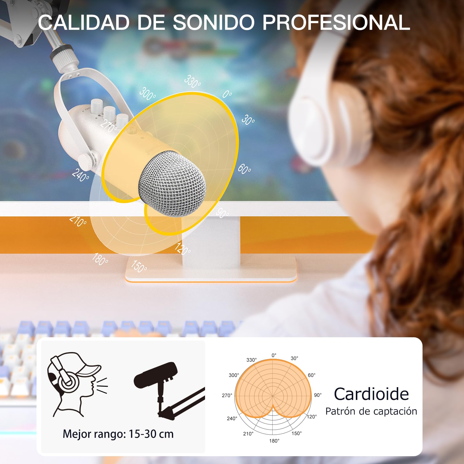 ZealSound Kit de micrófono gaming,micrófono USB de condensador con brazo articulado,micrófono cardioide,botón de silencio,eco,monitoreo, micrófono para teléfono,PC,podcasts,video,chat en línea(Blanco)