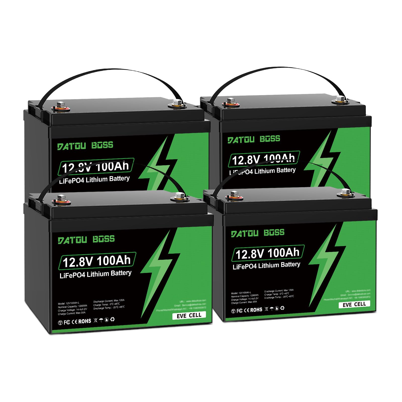 DATOUBOSS Batterie Lithium 12v 100ah, LifePO4 Batterie 1280Wh avec BMS 100A, plus de 15000 Cycles de décharge Profonde, Adaptée aux Camping-Cars, Bateaux, Systèmes Solaires (12V 100Ah-4PCS)