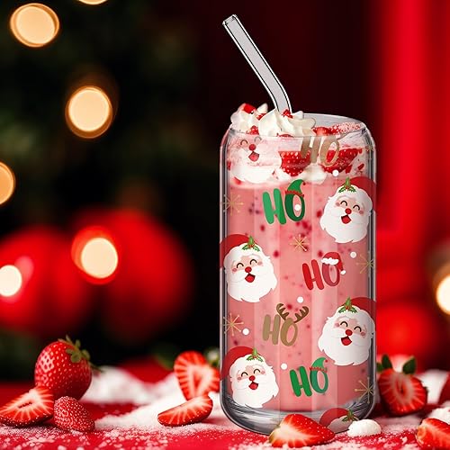 Miniatura 3 de Nosiny 12 vasos de Navidad con tapas y popotes de bambú, vasos de Navidad de 16 onzas, vasos de regalo, tarros Mason para tazas de café helado,