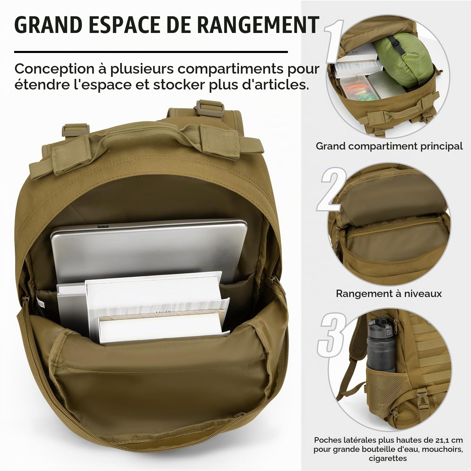 Jueachy Sac à Dos Tactique Militaire 30L Grande Capacité Sac Randonnée Daypack Sac à Dos Multifonction pour Trekking Voyage Camping Escalade Alpinisme Pêche École ou Utilisation Quotidienne