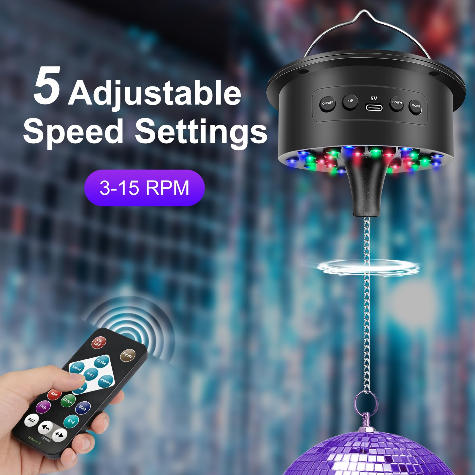 Boule disco avec moteur avec télécommande et lumières, Palujorty 5 tr/min, 9 tr/min, 24 LED, boule disco et lumière pour boules de 10,2 cm, 15,2 cm, 20,3 cm, 30,5 cm pour fête (USB/batterie)