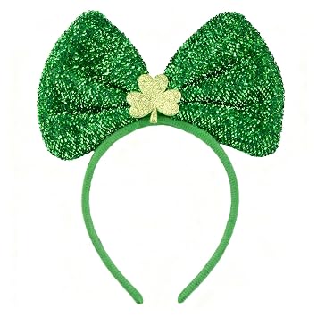 Green Glitter Bow Headband for Adults, Shamrock Holiday Hair Accessory