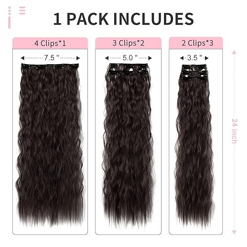 Miniatura 3 de FLUFYMOOZ Extensiones de cabello con pinzas, 6 extensiones de cabello sintético ondulado con clip para mujer, 24 pulgadas (negro marrón)