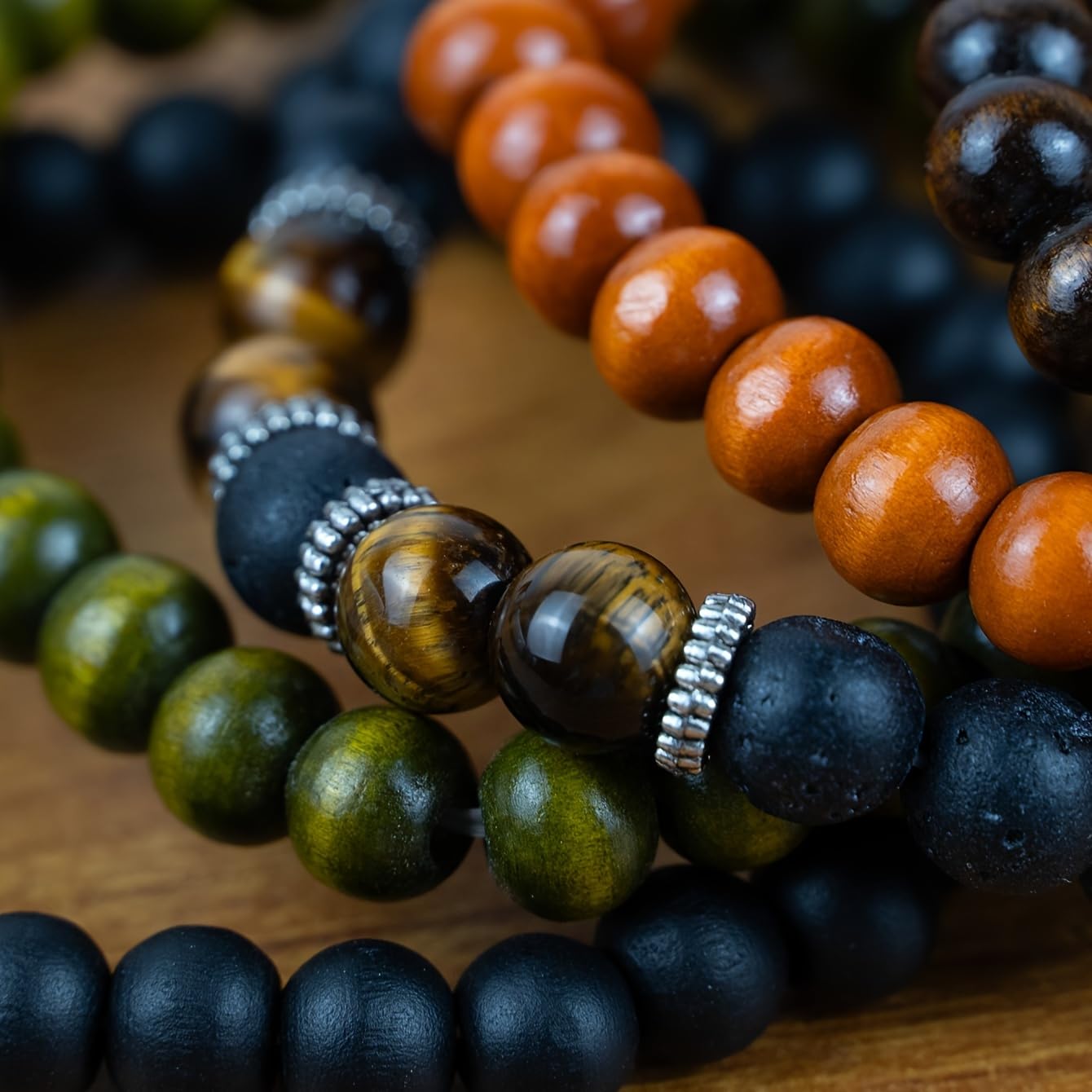 Set di 5 bracciali impilabili con Perline di Legno Occhio di Tigre - Bracciali con Perline per Uomo e Donna, bracciali Elasticizzati con Perline Rotonde da 8 mm, Braccialetti da Yoga Unisex