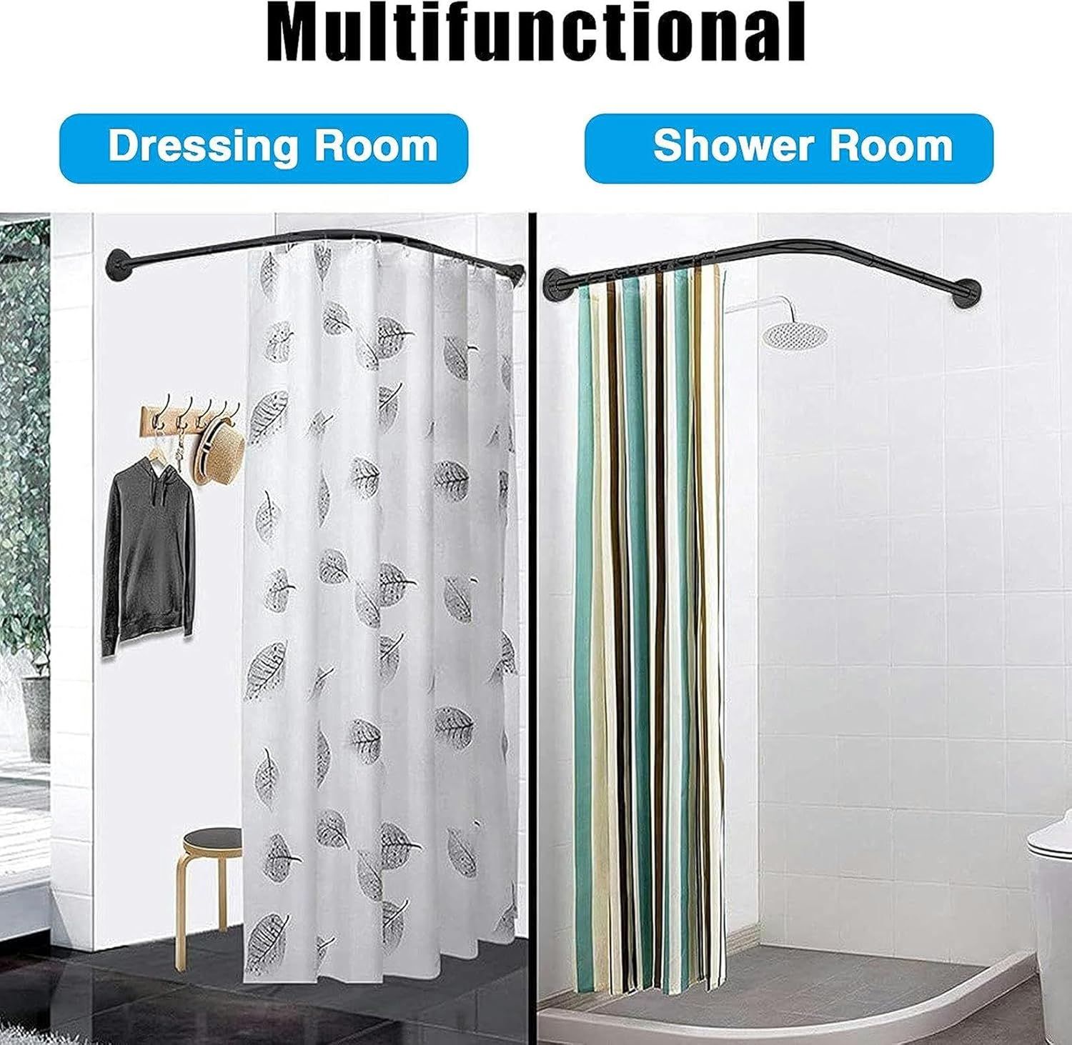 Shower Curtain Rod L Shaped,Extendable Corner Shower Rod Curved Bathtub Rails No Drill,Black 304 Stainless Steel Tension Telescoping Pole for Bathroom,Fitting Room