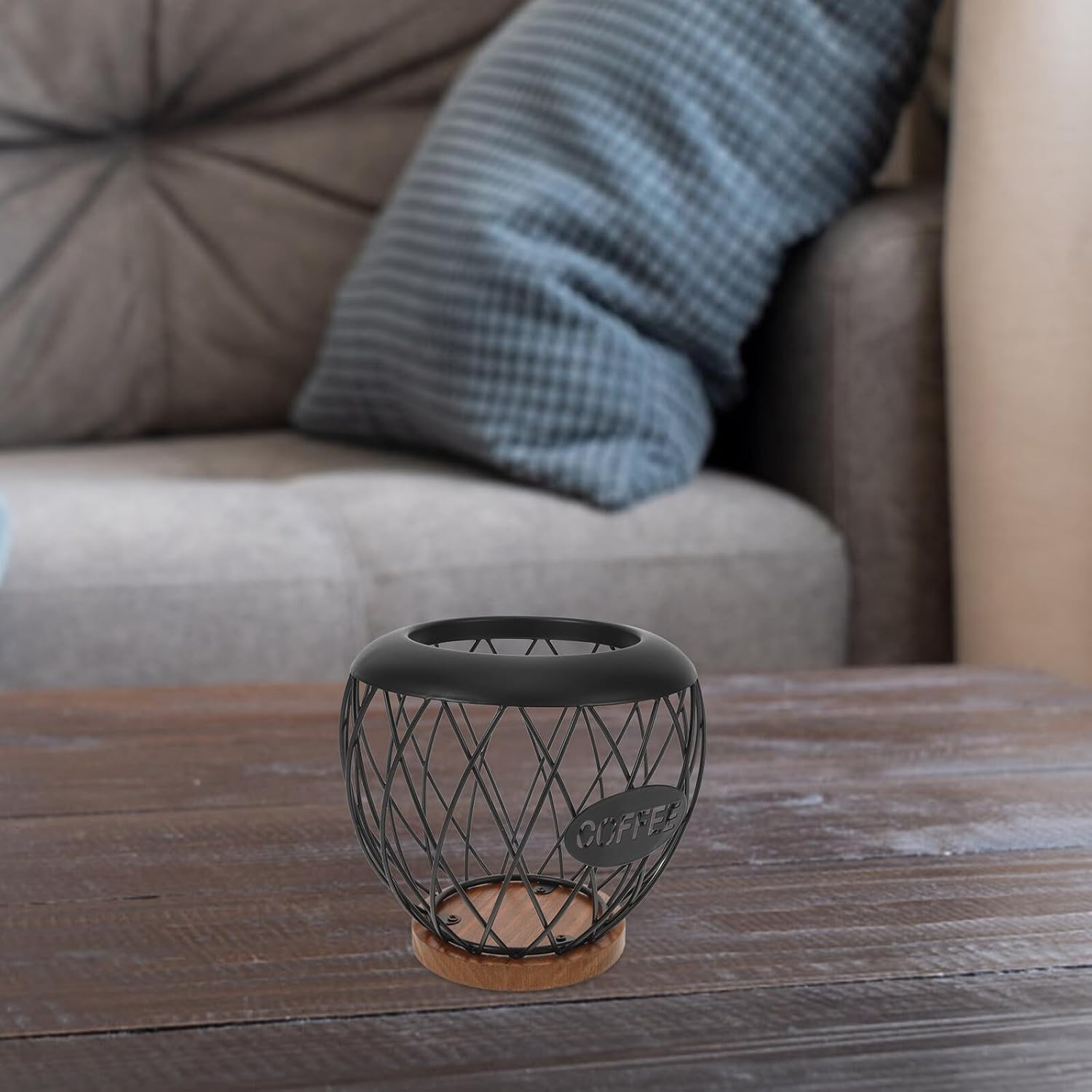 Coffee Pod Holder and Fruit Basket with Wood Base, Metal Wire Espresso Capsule Organizer, Countertop Kitchen Storage Rack for Snacks and Vegetables