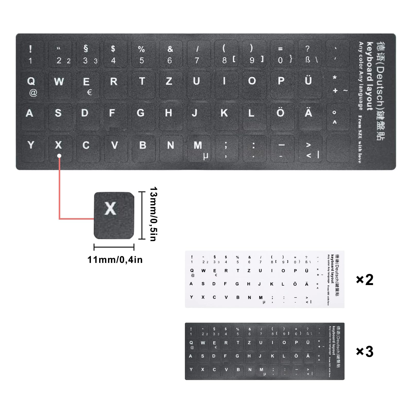 Lot De 4 Autocollants Clavier Allemand + 1 Film Universel – Lettres Blanches Sur Fond Noir, Adaptés QWERTY - 2