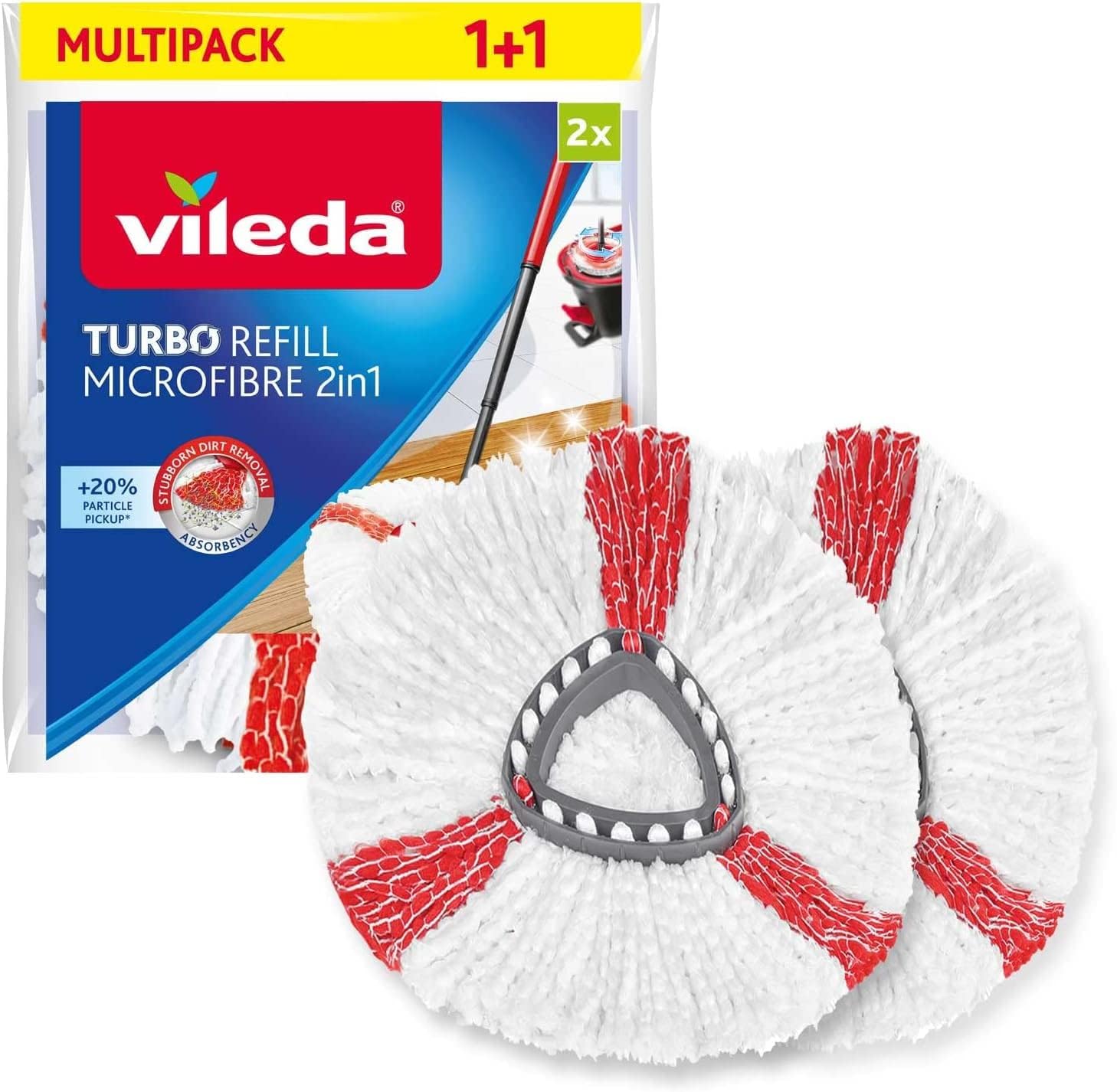 Turbo 2in1 Spin Mop Head Refills - Pack of 2 - Microfibre power - Stubborn dirt removal - Authentic Vileda Mop Head Replacements - Machine Washable - Fits all Turbo Mops