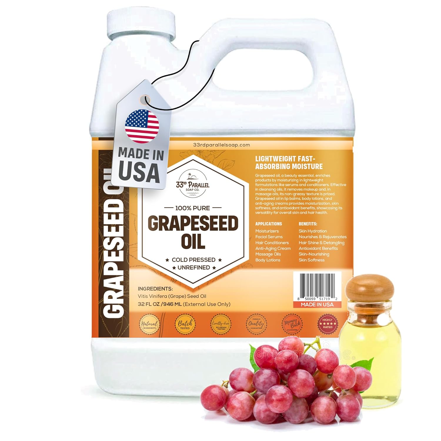 Organic GRAPESEED Oil (32 oz) Cold Pressed Unrefined | 100% Pure Natural, Non-GMO | Available in Bulk | Skin, Hair, Face, Carrier for Essential Oils, Soap Making | 32 FL OZ