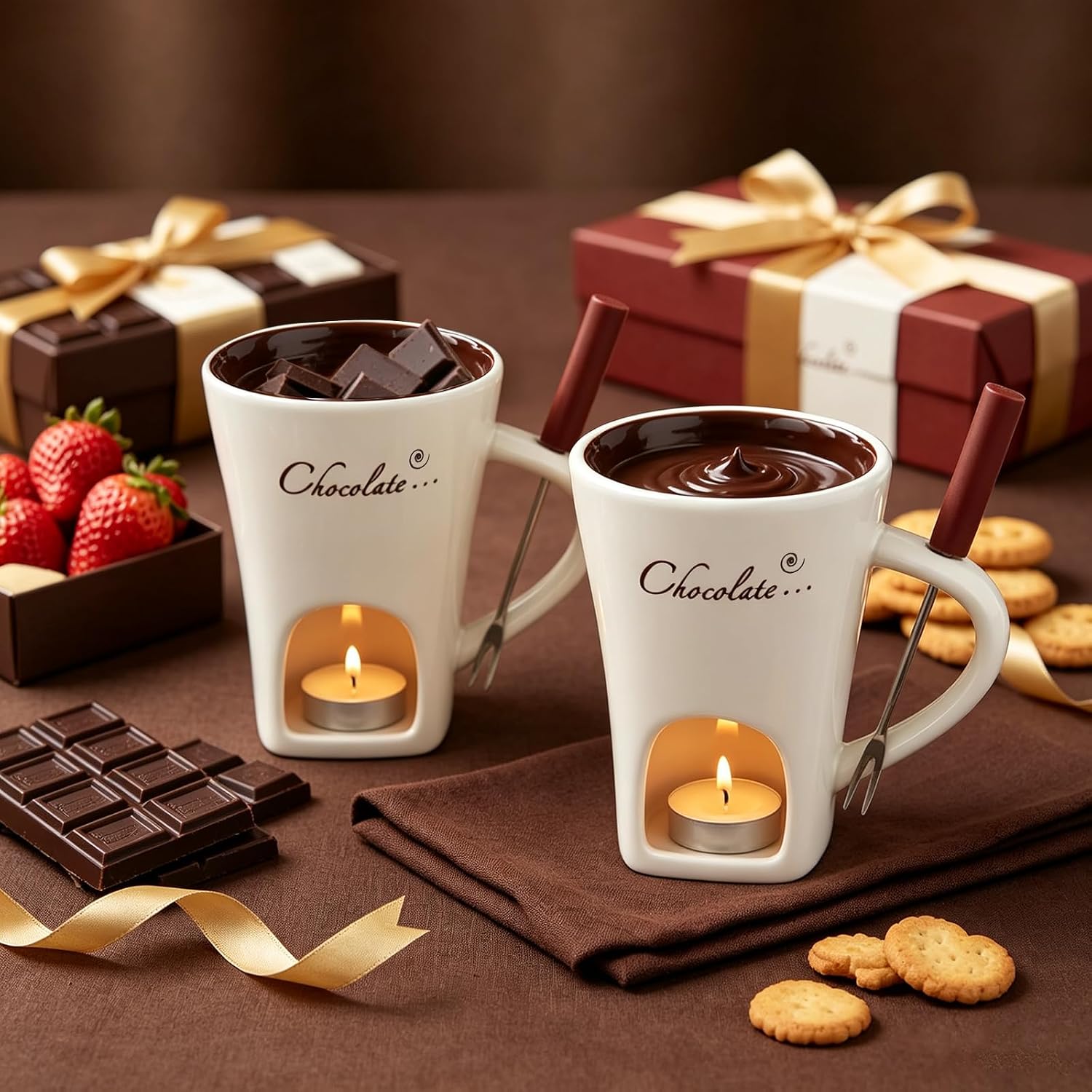 Chocolate Fondue Mug Set of 2, Ceramic Melting Cup, Candle & Fork