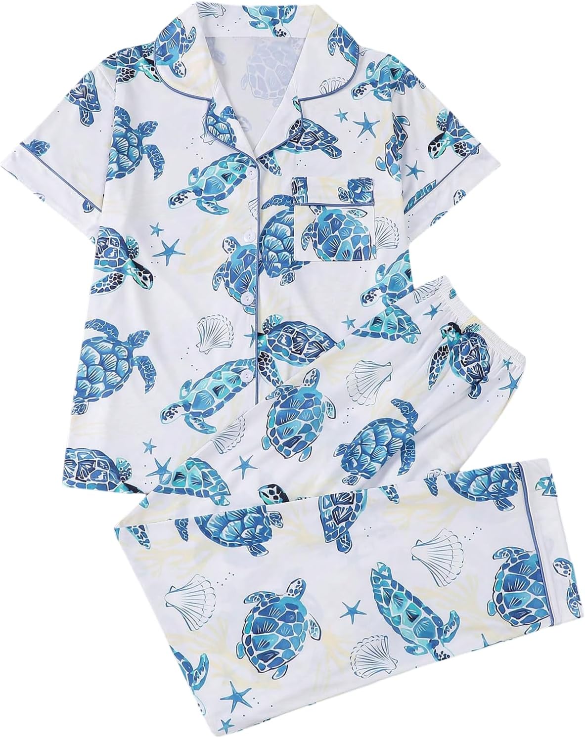 Women's 2 Piece Ocean Print Pajama Set Button Down Short Sleeve Top and Pants Sleepwear
