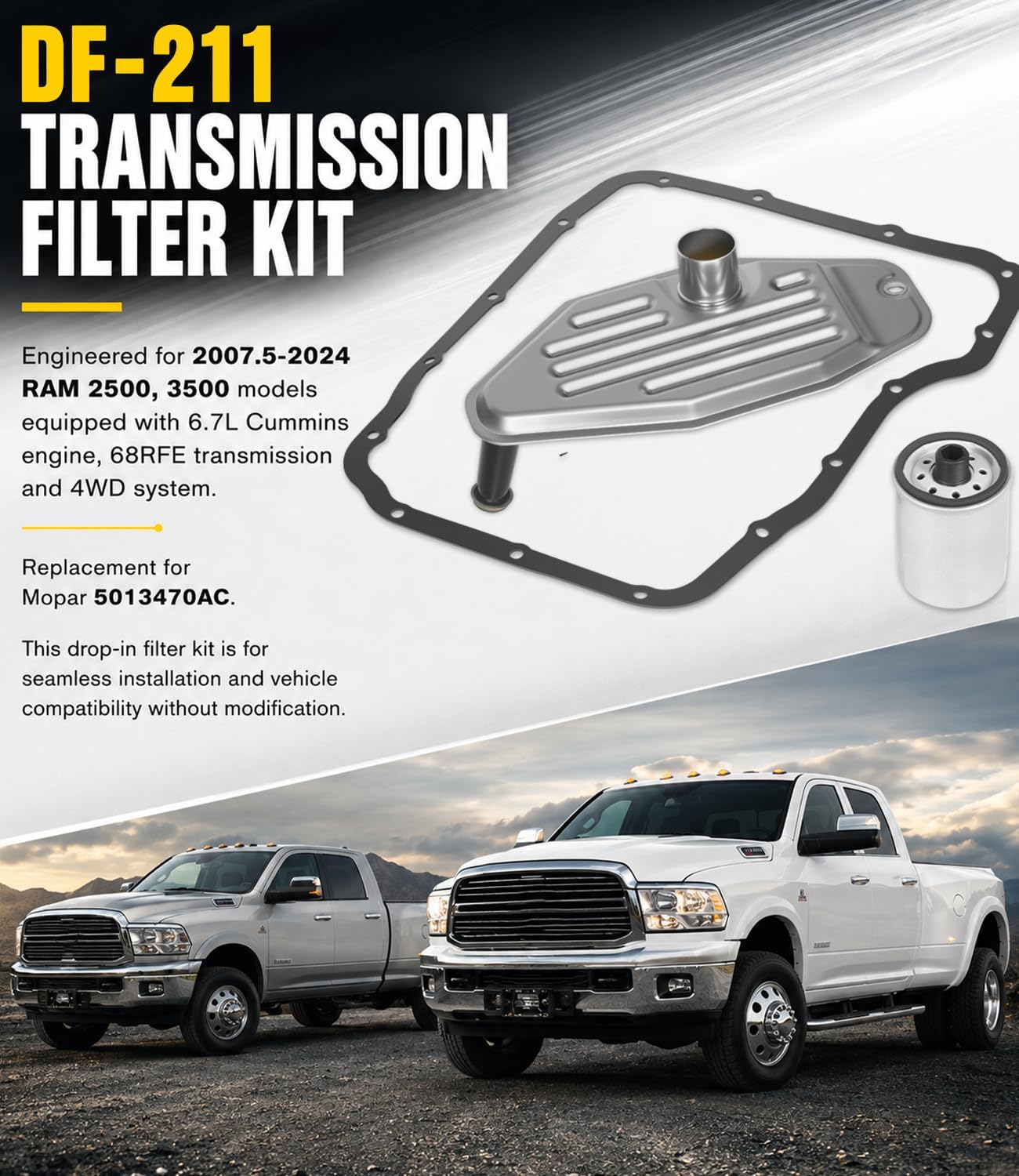 Transmission Filter Oil Pan Gasket Kit Fit for RAM 6.7L Cummins 2500/3500 with 68RFE Transmission 4WD 07.5-24 | Replacement for Mopar 5013470AC, Wix WL10394, Premium Guard PT1271