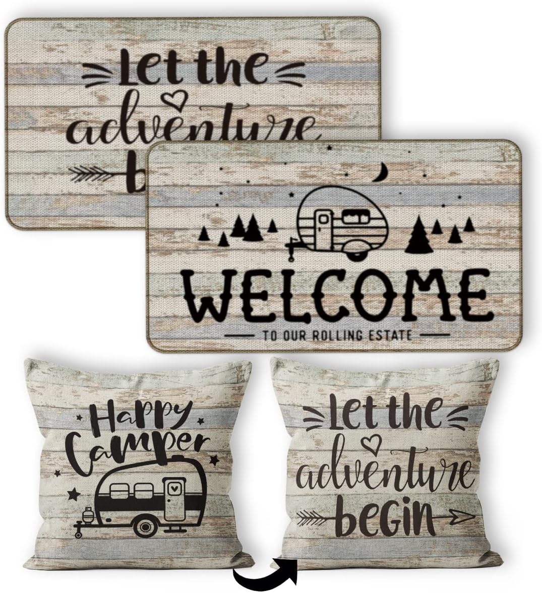 Camper Door Mat & Pillow Covers - 3 Piece Set (18x18 Pillow + 2x30x17 Mats) - Best RV Gifts & Decorations