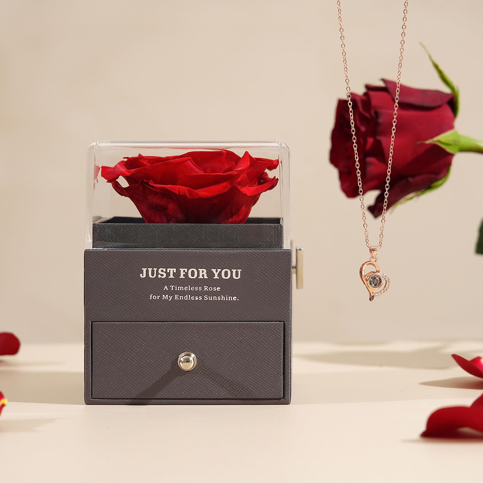 ADDWel Cadeau Anniversaire Femme Original - Cadeau Femme Rose Eternelle Boîte à Musique Romantique avec Collier Je T’aime 100 Langues Cadeaux Saint Valentin Noel Fete des Meres Maman Grand Mere Copine