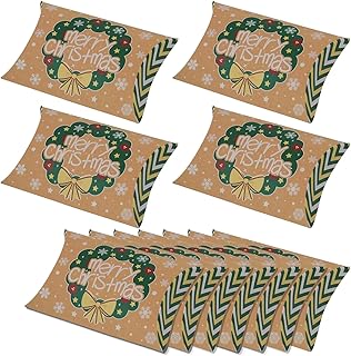 Lamantery 50Pack Christmas Paper Gift Pillow Boxes Santa Candy Chocolate Gift Packing Wrap Pouch Pie Bags for Wedding Party Christmas