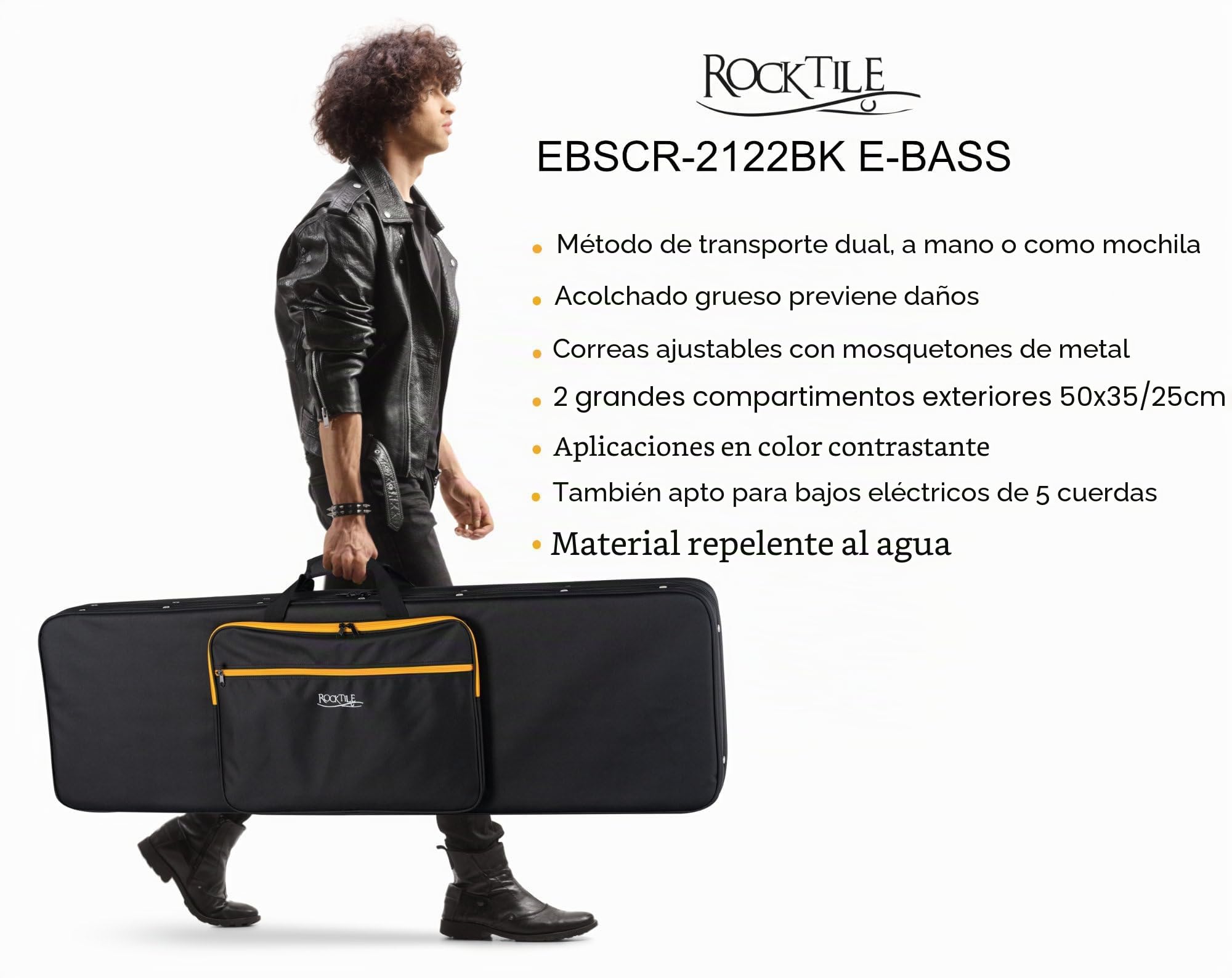 ROCKTILE EBSCR-2122BK Funda Blanda para bajo eléctrico - Maletín Ligero y manejable para Todos los Bajos eléctricos habituales (4/5 Cuerdas)