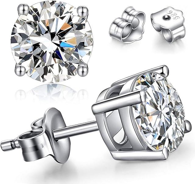 TTVOVO 925 Sterling Silver Stud Earrings Princess Cut Cubic Zirconia Sparkling Simulated CZ Diamond Earrings for Women Men Round 4 Prong Ear Studs Piercing Earrings Hypoallergenic Jewelry Gifts, 5MM
