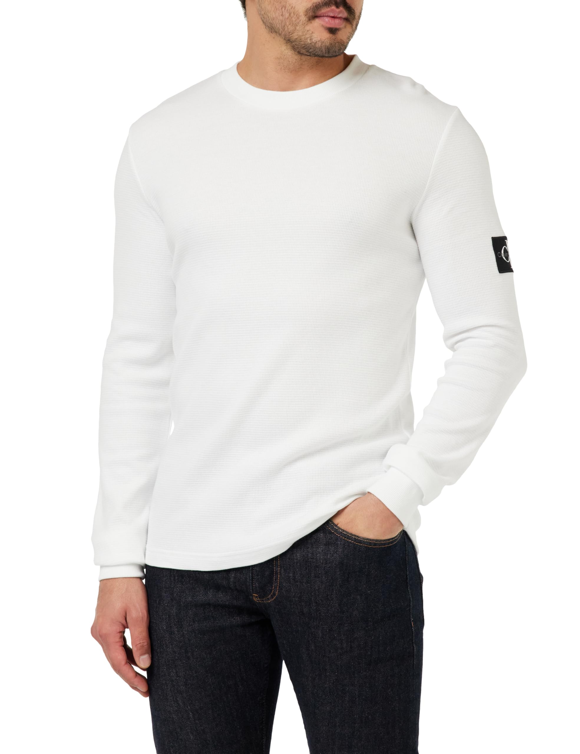 Calvin Klein Jeans Badge Waffle LS TEE L/S Knit Tops Men's, White (Bright White), M