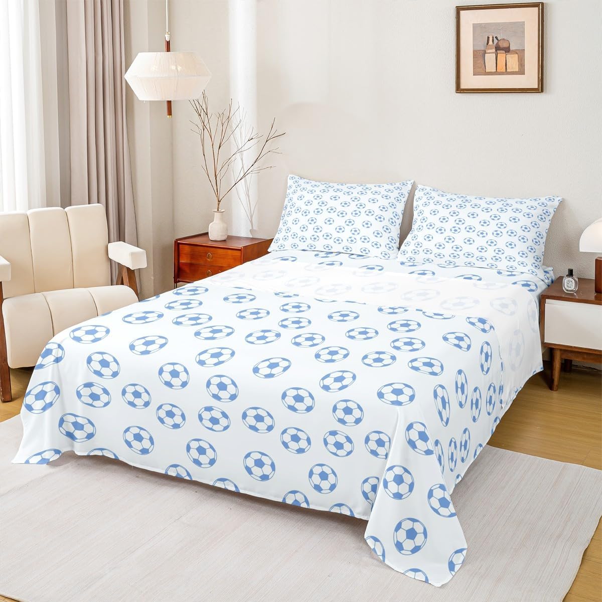 Manfei Soccer Bed Sheets Twin Size,Ball Sport Rugby Activity Easy Wash Bedding Set,Game Geometric Honeycomb Modern Kids Room Decor,White and Baby Blue Sheet(Fitted+Flat+1 Pillowcase)