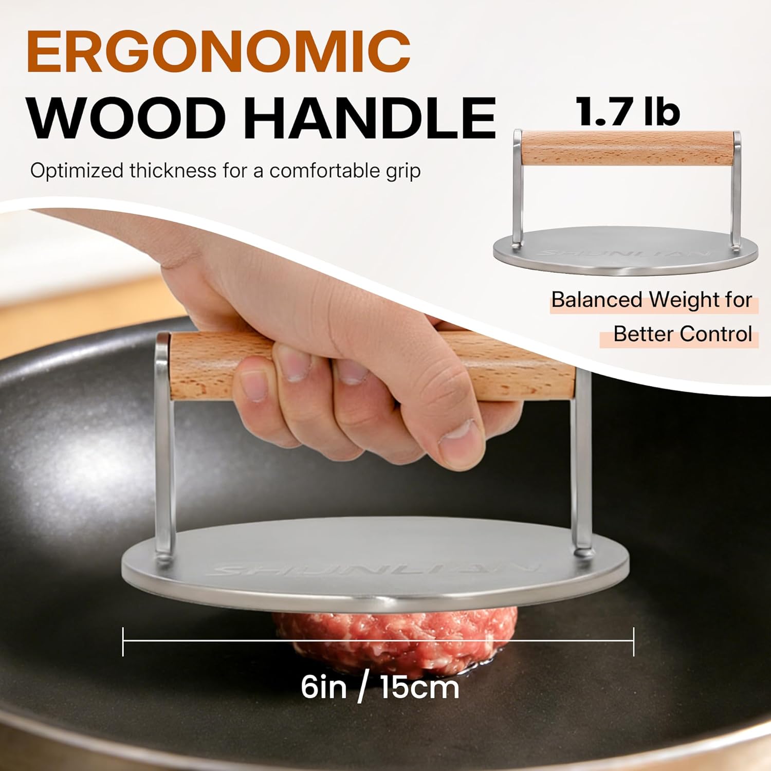 Stainless Steel Burger Smasher, 6 Inch Heavy Duty Grill Press with Wood Handle, 1.7 lb Solid Cooking Weight Press for Flat Top Griddle, Meat Press for BBQ, Fish, Chicken, Bacon & Steak