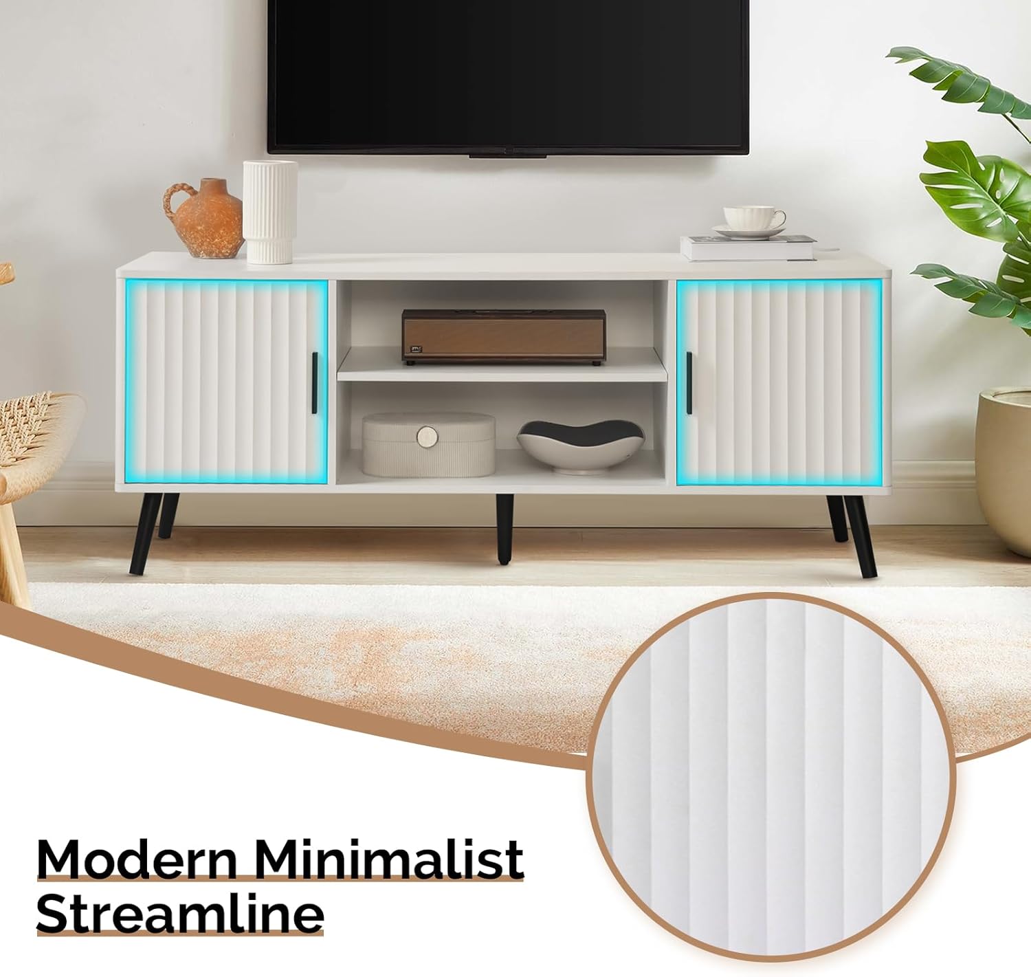 Modern TV Stand for 65 Inch TV, Entertainment Center with 2 Storage Cabinets and Adjustable Shelf, Solid Wood Feet, 4 Cord Holes, Strip Wave Media TV Console Table for Living Room Bedroom (White)