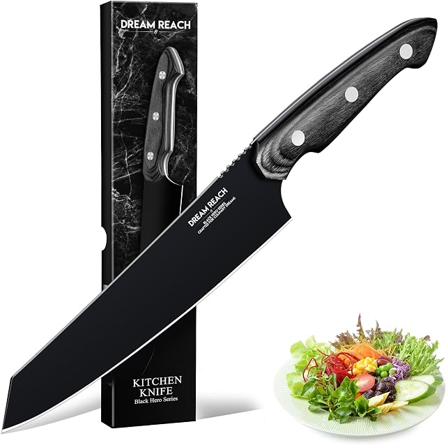 Dream Reach Coltello da Chef, Coltello da Cucina Nero, Acciaio Inossidabile ad Alto Tenore Di Carbonio, Manico In Legno Ergonomico per Cucina