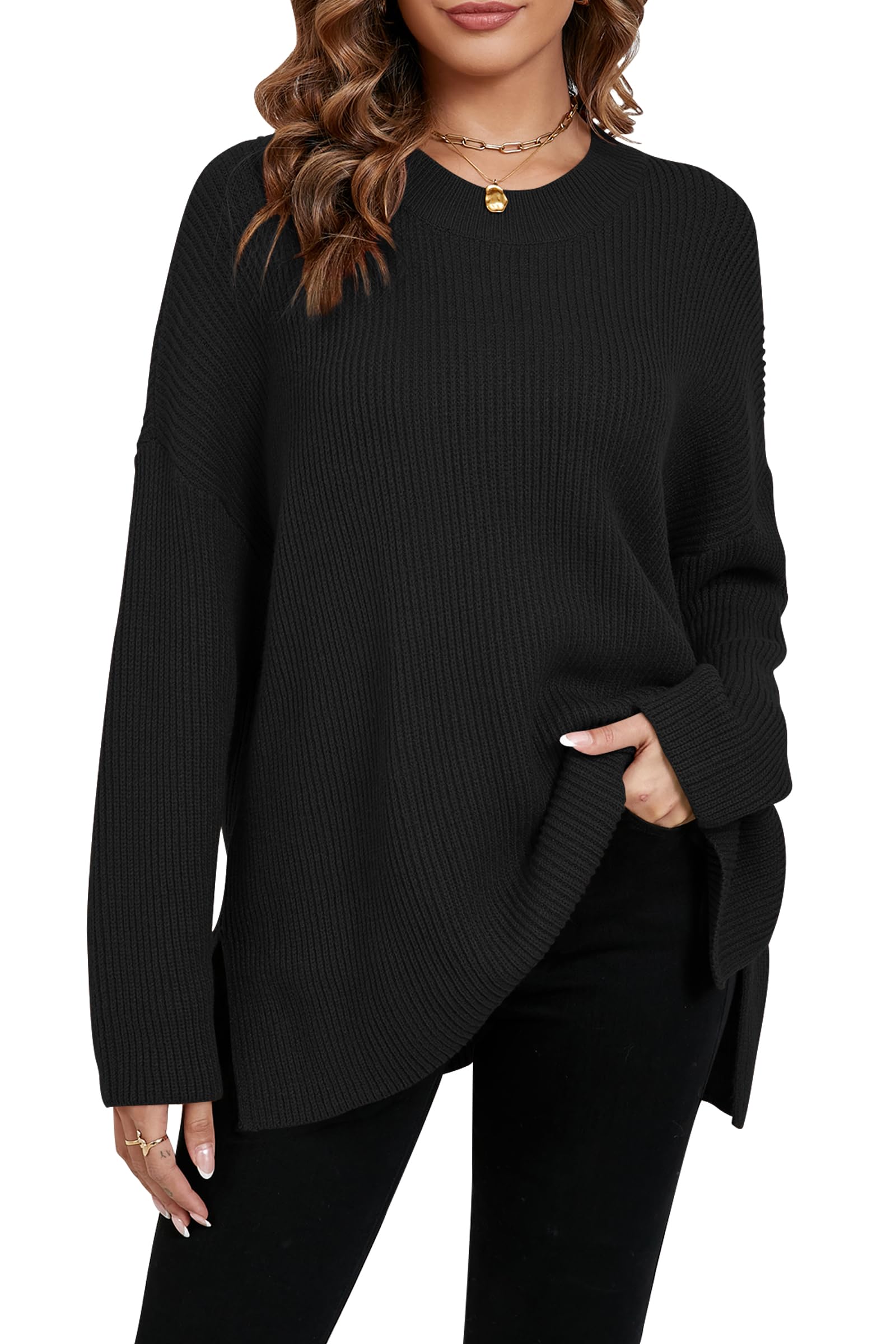 Women's Oversized Sweaters Batwing Long Sleeve Chunky Fall Winter Side Slit Tunic Pullover Knit Tops (Extra Loose)