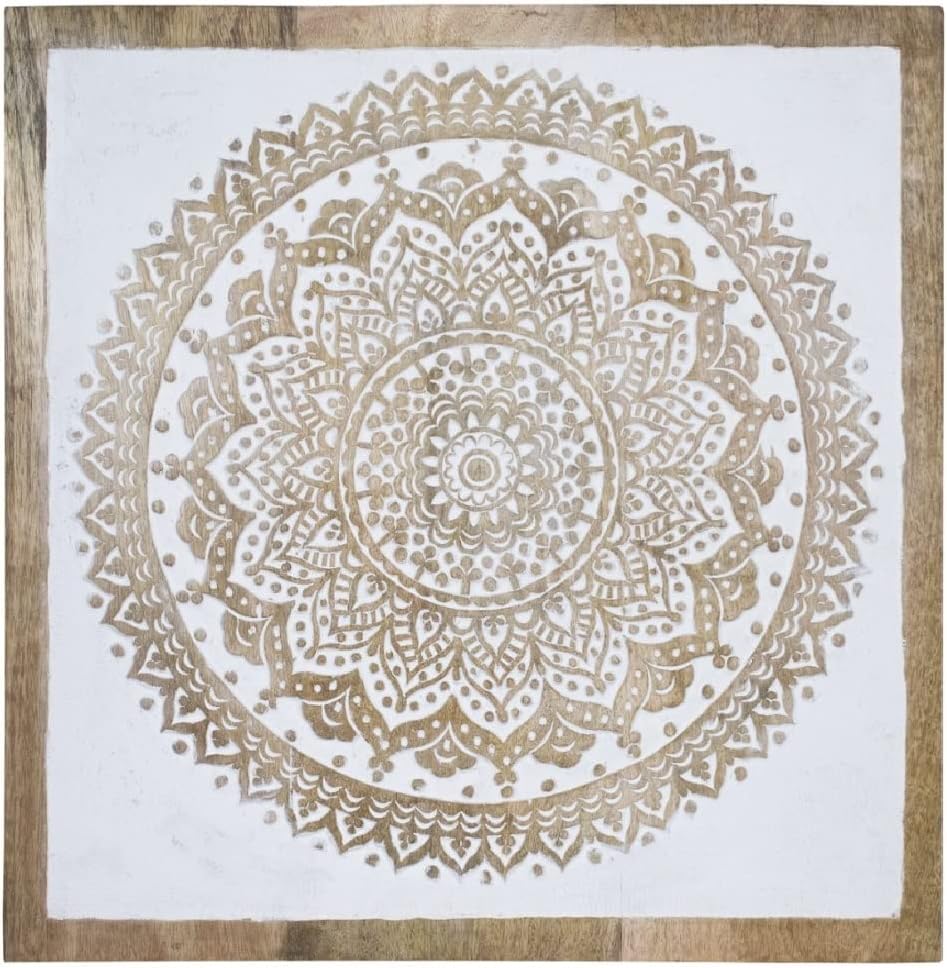 SOUQ DESIGNS Hand Carved Mandala Wall Art Panel - Office, Living Room, Bedroom Decoration (Destress White Tree)