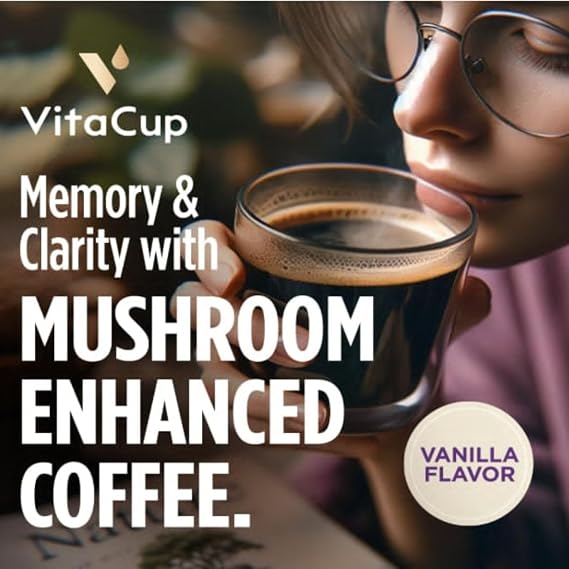 VitaCup Mushroom Coffee Pods, Vanilla Flavored Coffee with Chaga, Lions Mane, Vitamins, Medium Dark Roast Arabica Beans, Single Serve Pods Compatible with Keurig K-Cup Brewers, 64 Ct