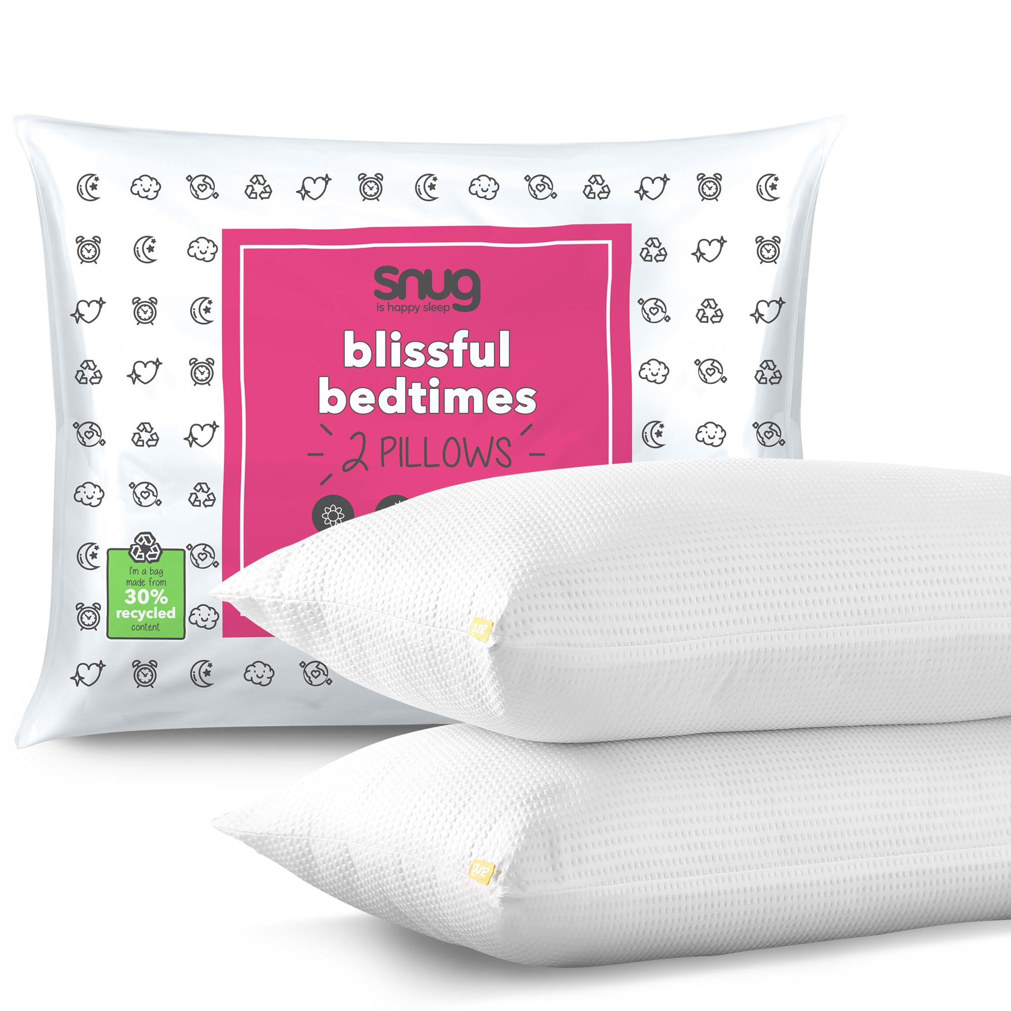 Snug Blissful - Juego de 2 Almohadas de Calidad de Hotel de Lujo, Soporte Medio para Personas Que Duermen de Frente, Espalda y de Lado, ecológicas, hipoalergénicas y Lavables a máquina, Paquete de 2