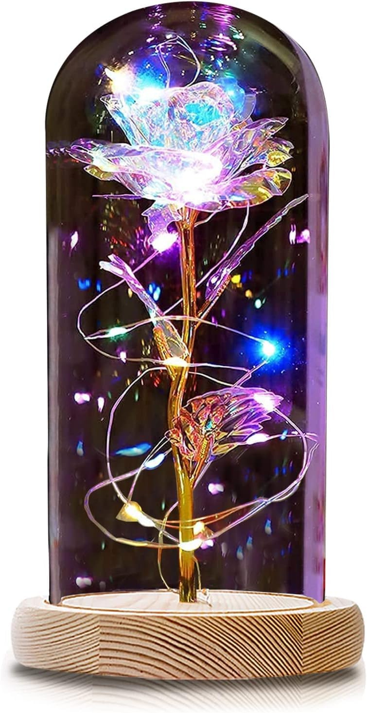 Qunpon Women's Rainbow Valentines Day Gifts For Her Birthday Gifts For Beauty And The Beast Rose With Light,Forever Rose In Glass Dome, Romantic Gifts For Girlfriend Wife Friends Wedding Anniversary