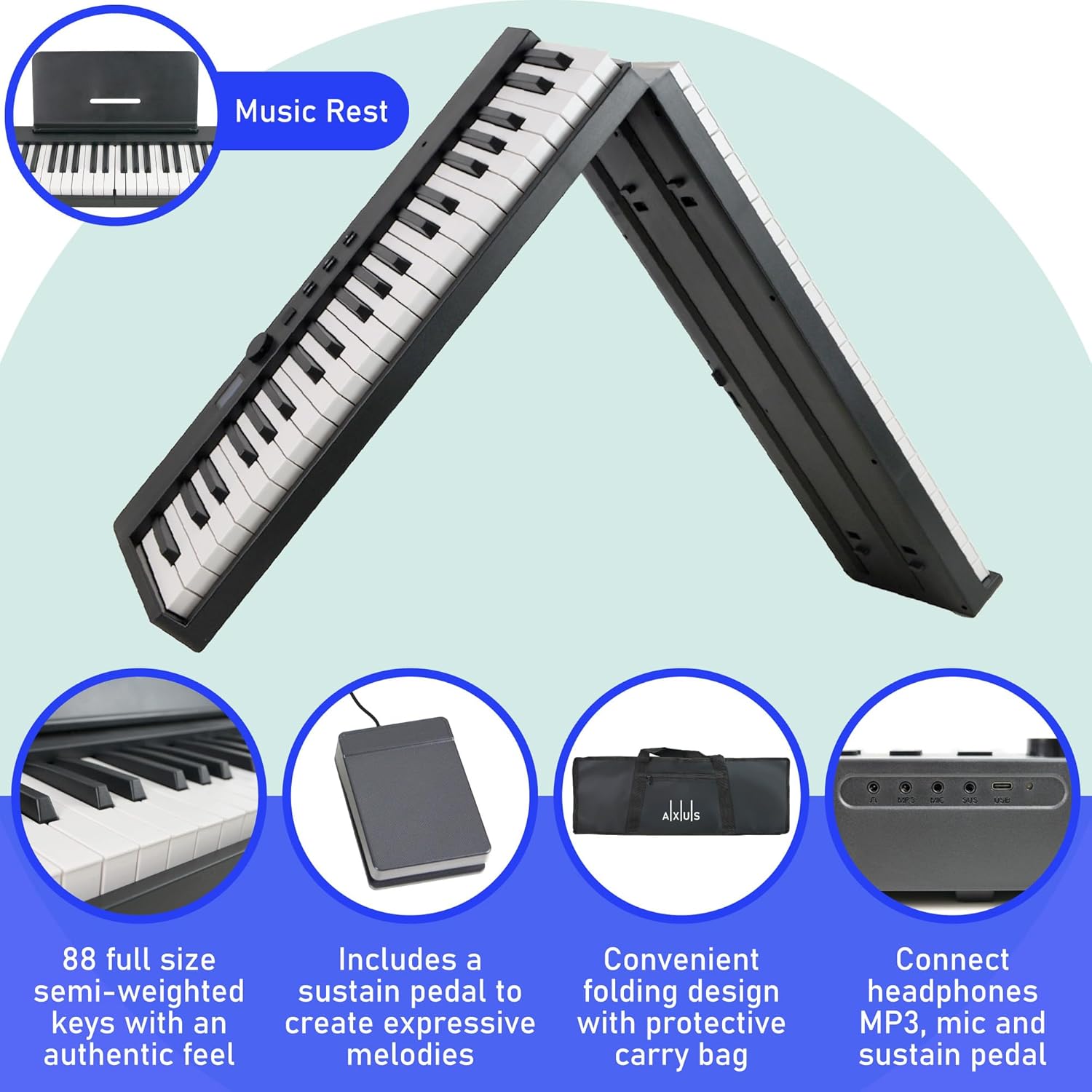 Close-up of the Axus folding piano showing the hinge, semi-weighted keys, sustain pedal, carry bag, and various input/output ports.