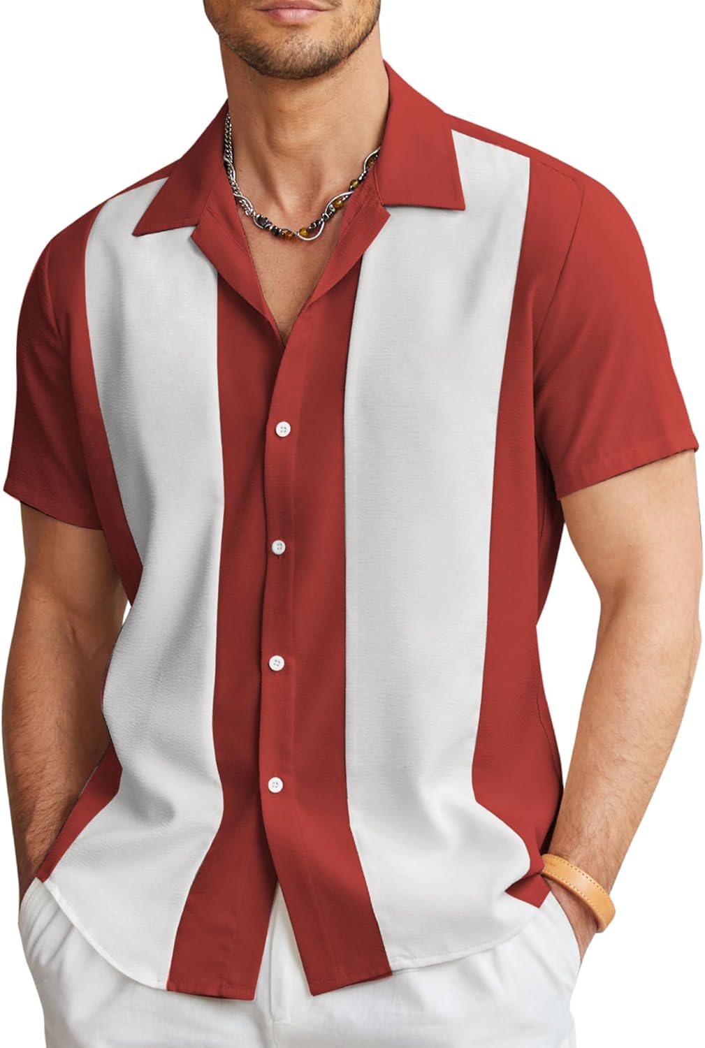 COOFANDY Men's Retro Bowling Shirts Casual Button Down Shirts Beach Wear Clothing Wine Red White