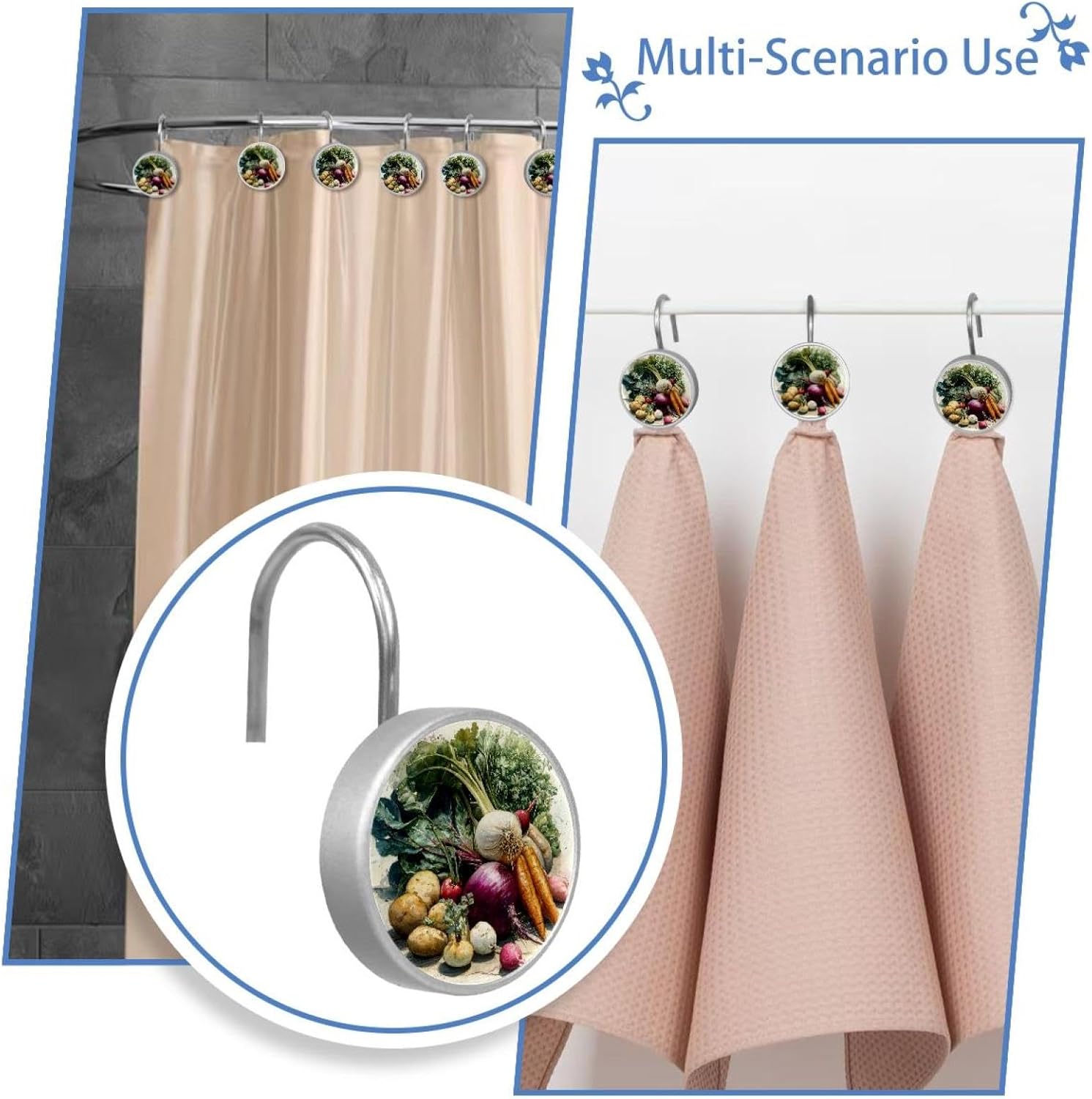 12PCS Farmers Watercolor Vegetables (3) Shower Curtain Hooks Metal Rust Resistant Decorative Shower Curtain Hooks Bathroom Decorations