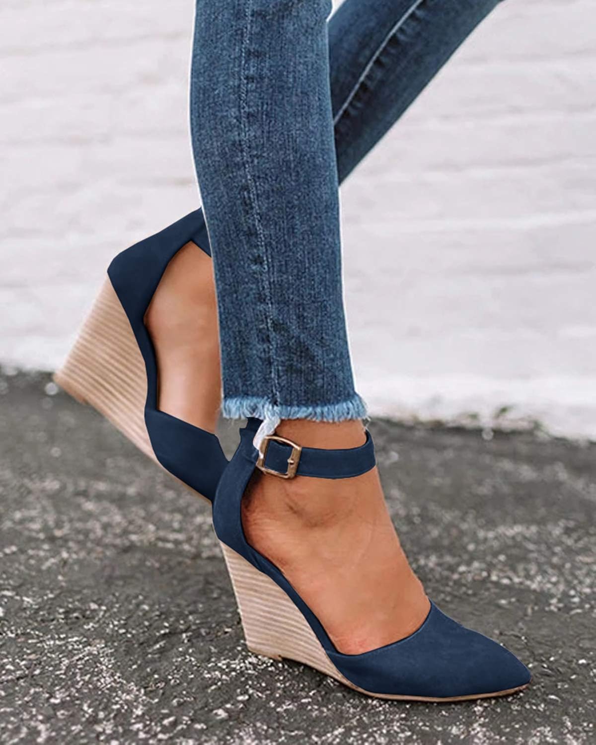 Nailyhome Womens Wedge Ankle Strap Buckle Pumps D'Orsay Stacked High Heel Cut Out Pointed Toe Sandals Shoes