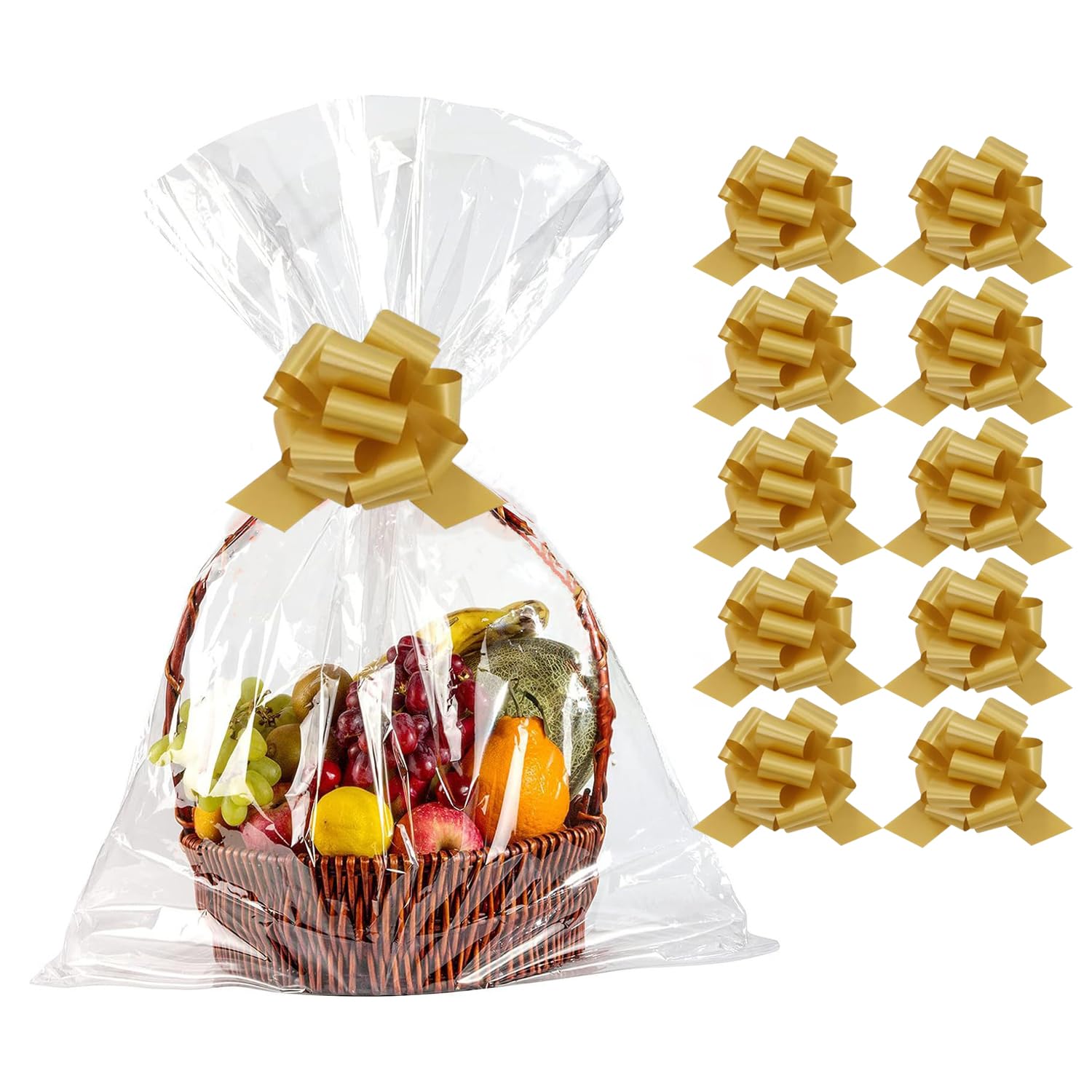 Amsthow 10CT Cellophane Wrap Bags 26 x 36-inch Gift Basket Wrapping Clear Large Plastic Bags with Bows for Easter Weddings
