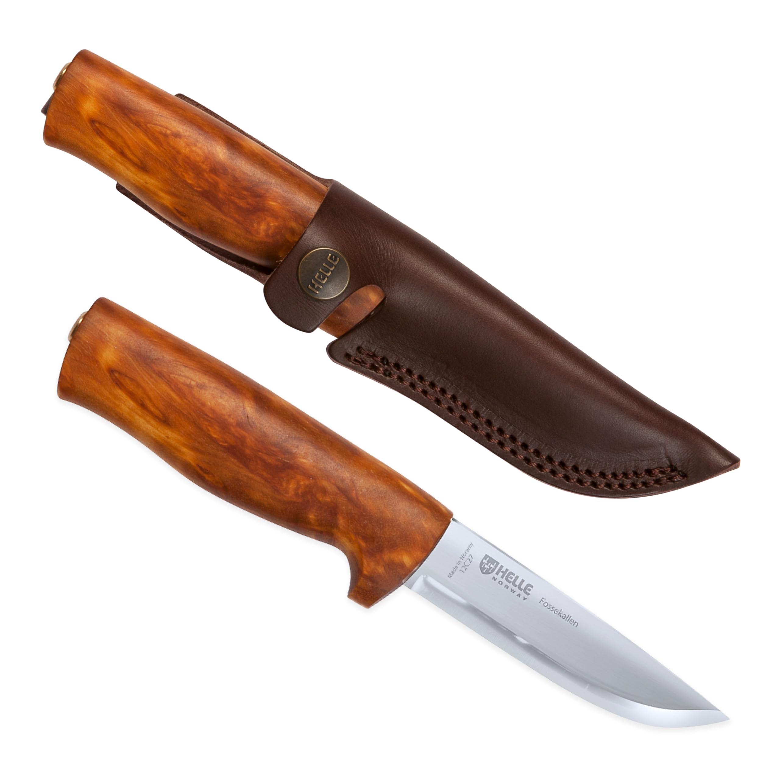 HELLE Knives - Fossekallen - Outdoor Adventure Camping Knife, Stick Tang Stainless Steel Fixed Blade with Sheath, Curly Birch Handle, Made in Norway