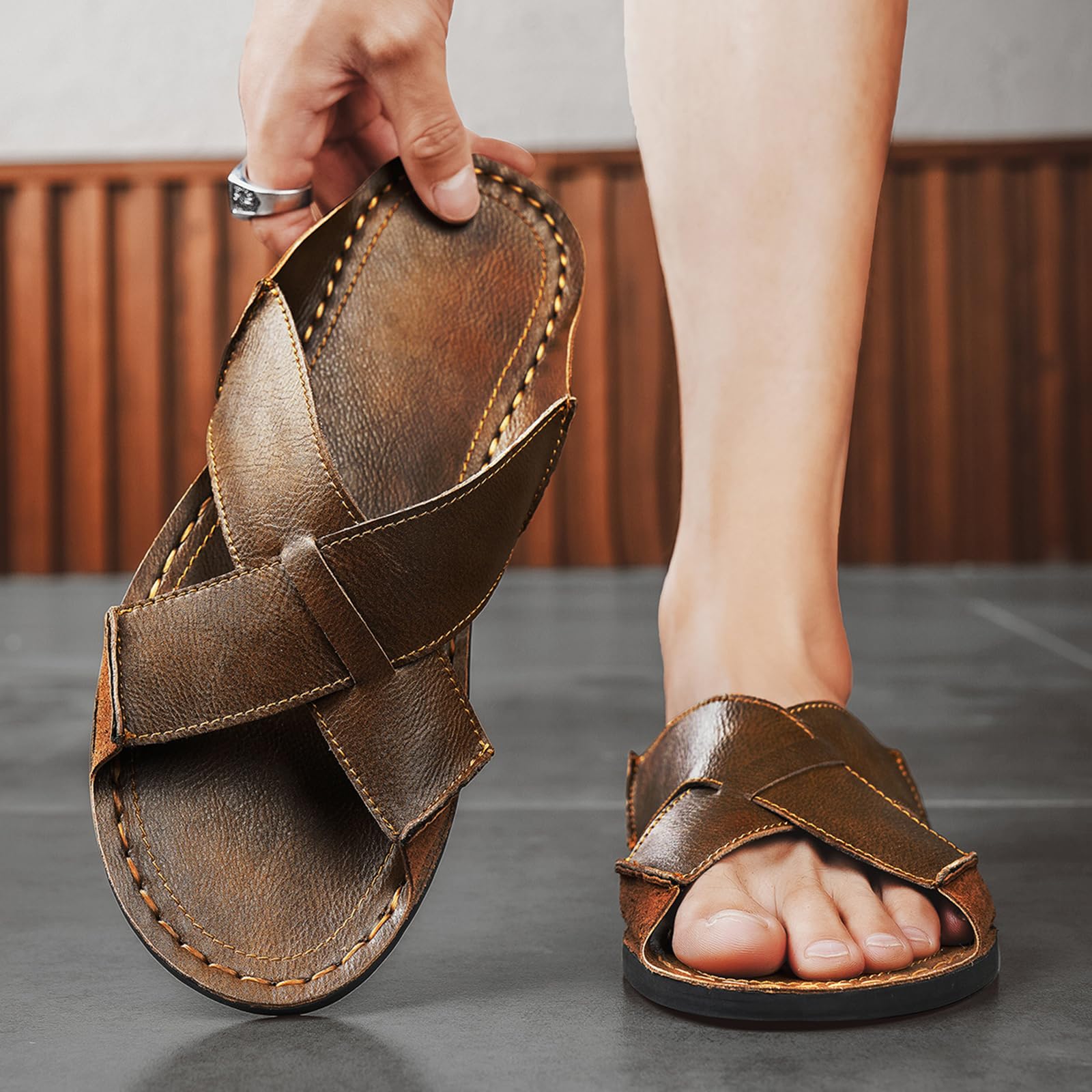 Sandalias de piel auténtica para hombre, cómodas, ligeras, abiertas, redondas, sin cordones, para exteriores, caminar, sandalias casuales de playa