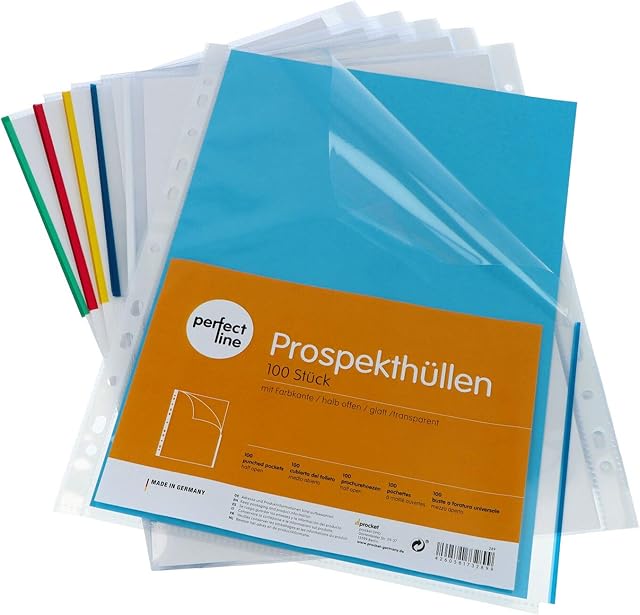 Perfect line 100 Document Sleeves, A4, Half-Open, with Colourful Margin, Crystal-Clear & Transparent Collection Pockets, Extra-Strong See-Through Sheets (105 My) for Protecting Paper