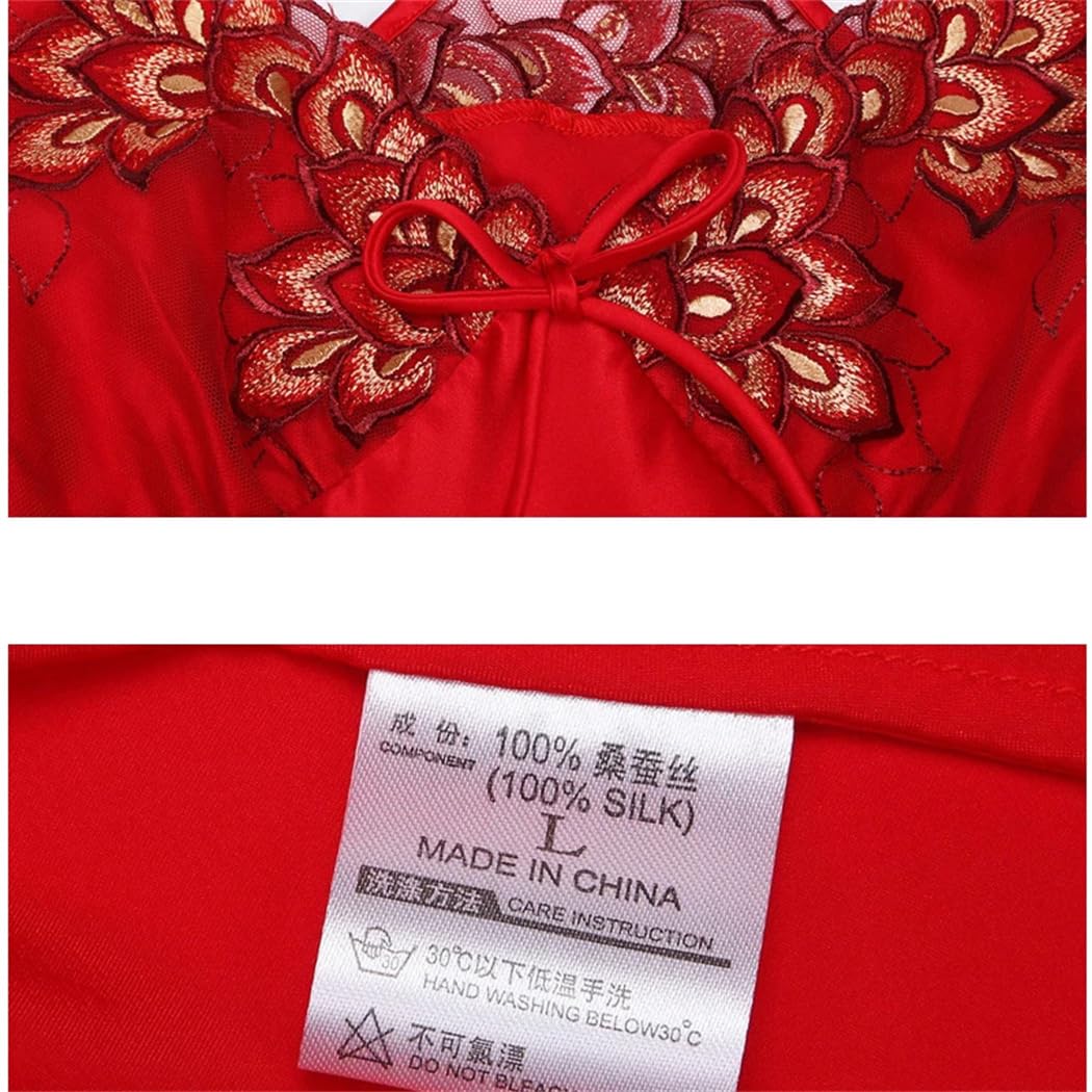 Damen-Schlafanzug aus Seide mit Hosenträgern und Spitze, einfarbig, für Zuhause (Rot, XXL)