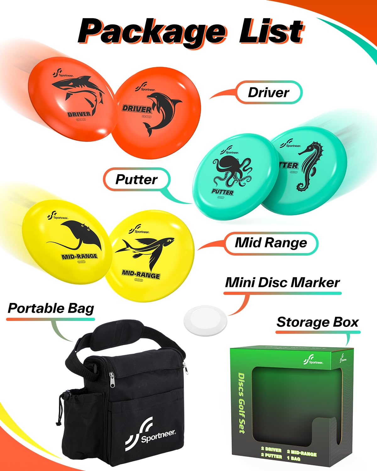Sportneer Disc Golf Set – Discgolf Starter Set con motivo mare, 2 Driver, 2 Midrange, 2 Putter, Mini Disc Marker & Borsa per il trasporto – per principianti e esperti, outdoor e giardino
